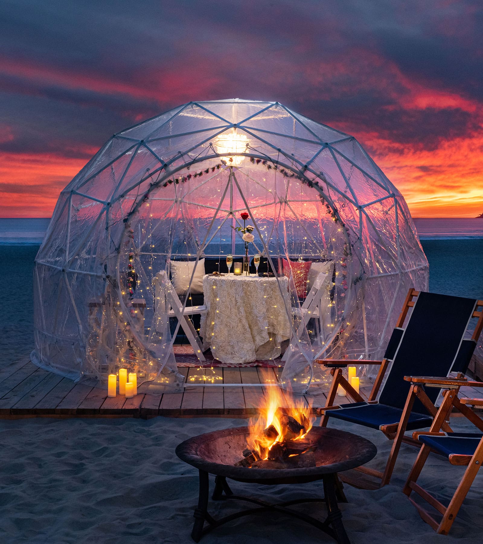 Igloo on the beach with dinner for two and fire pit