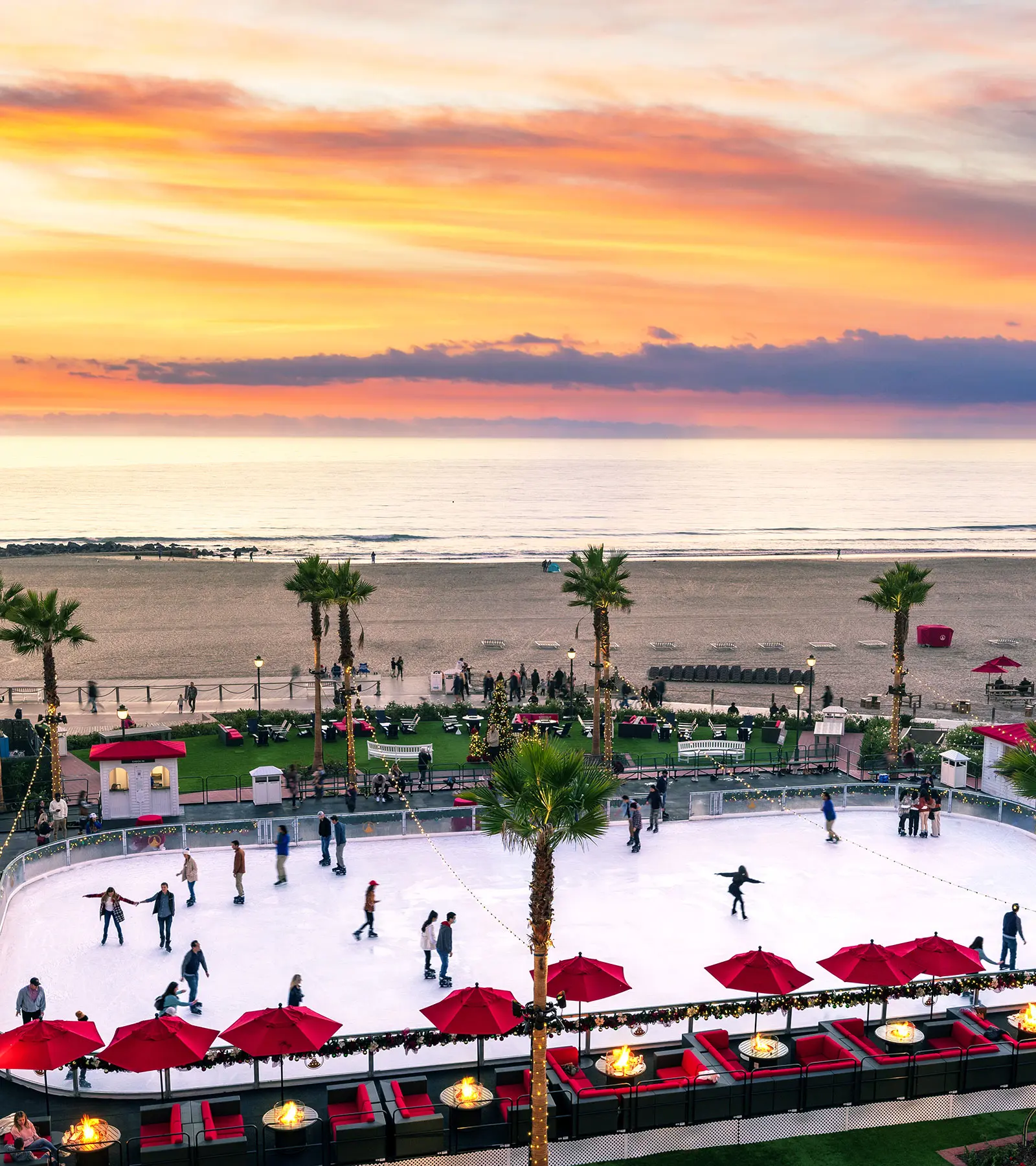 Beachfront ice rink at sunset