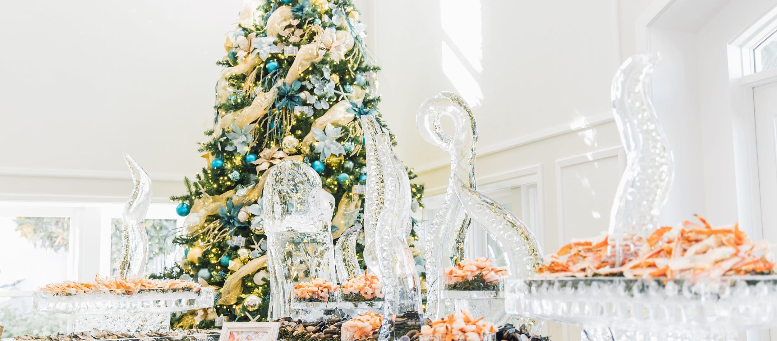 Holiday seafood display and octopus ice sculpture