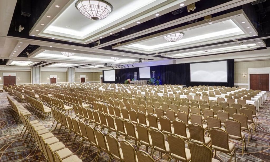 Large ballroom.. meeting space set up in theater style